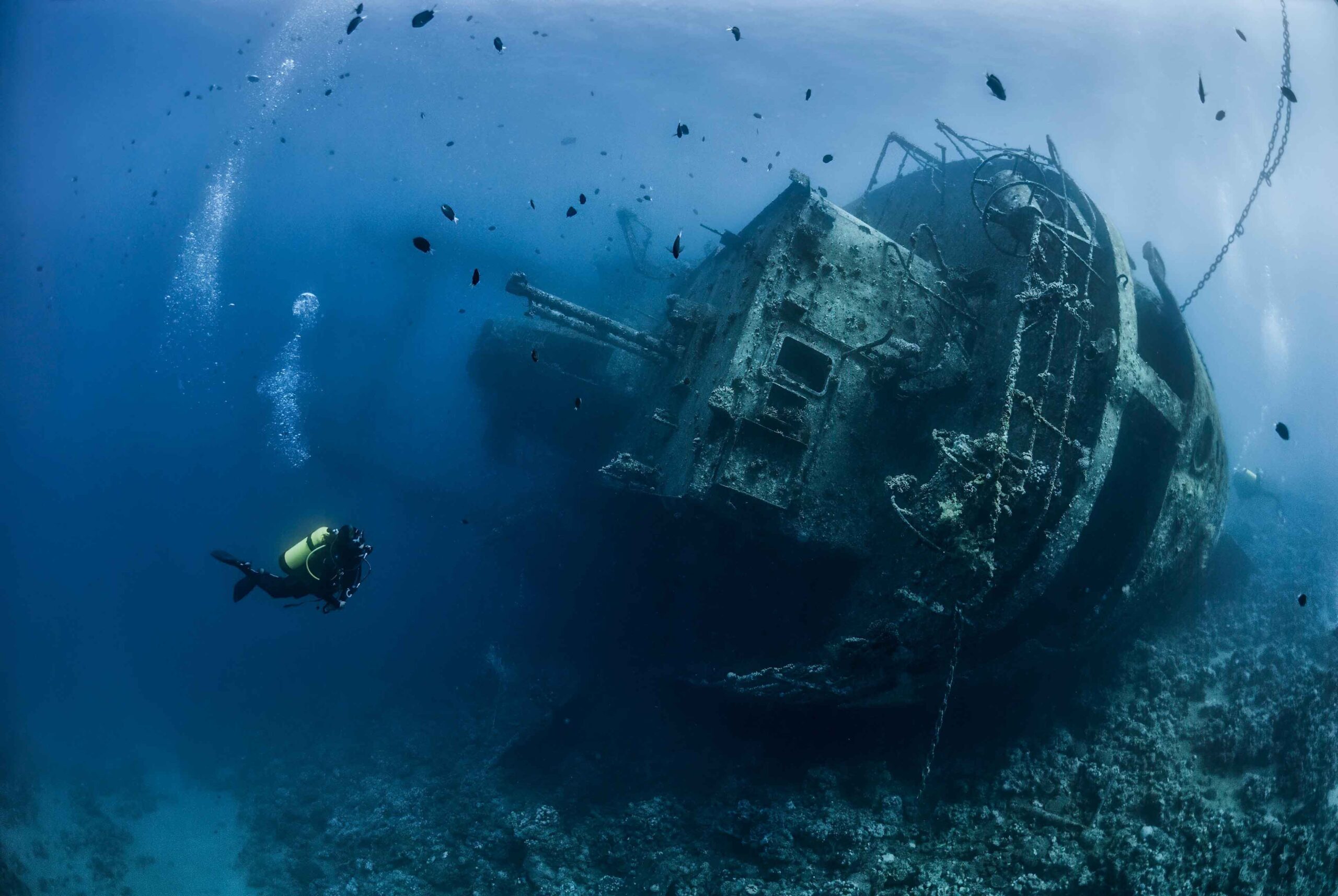 a diver exploring a sunken ship in the sea of cortez arranged by scuba club tucson